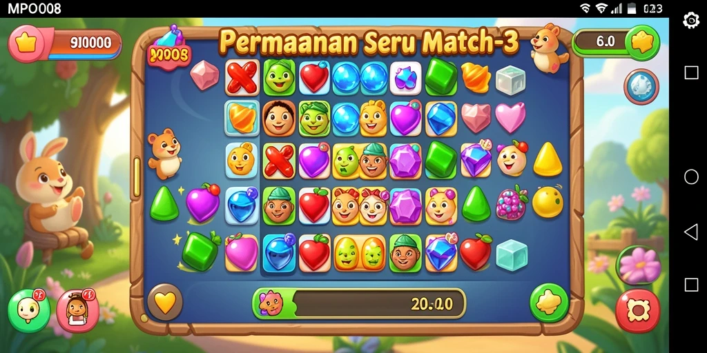 Screenshot MPO08 menampilkan gameplay Match-3 yang seru dan penuh warna.