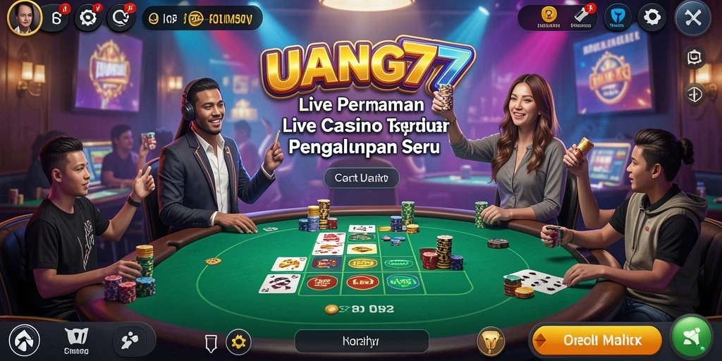Screenshot UANG77 menunjukkan dealer live dan gameplay yang mendebarkan.