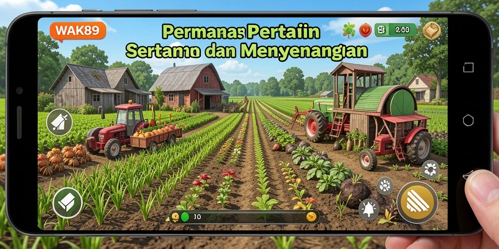 Screenshot gameplay WAK89 menampilkan petani yang sedang merawat tanaman.